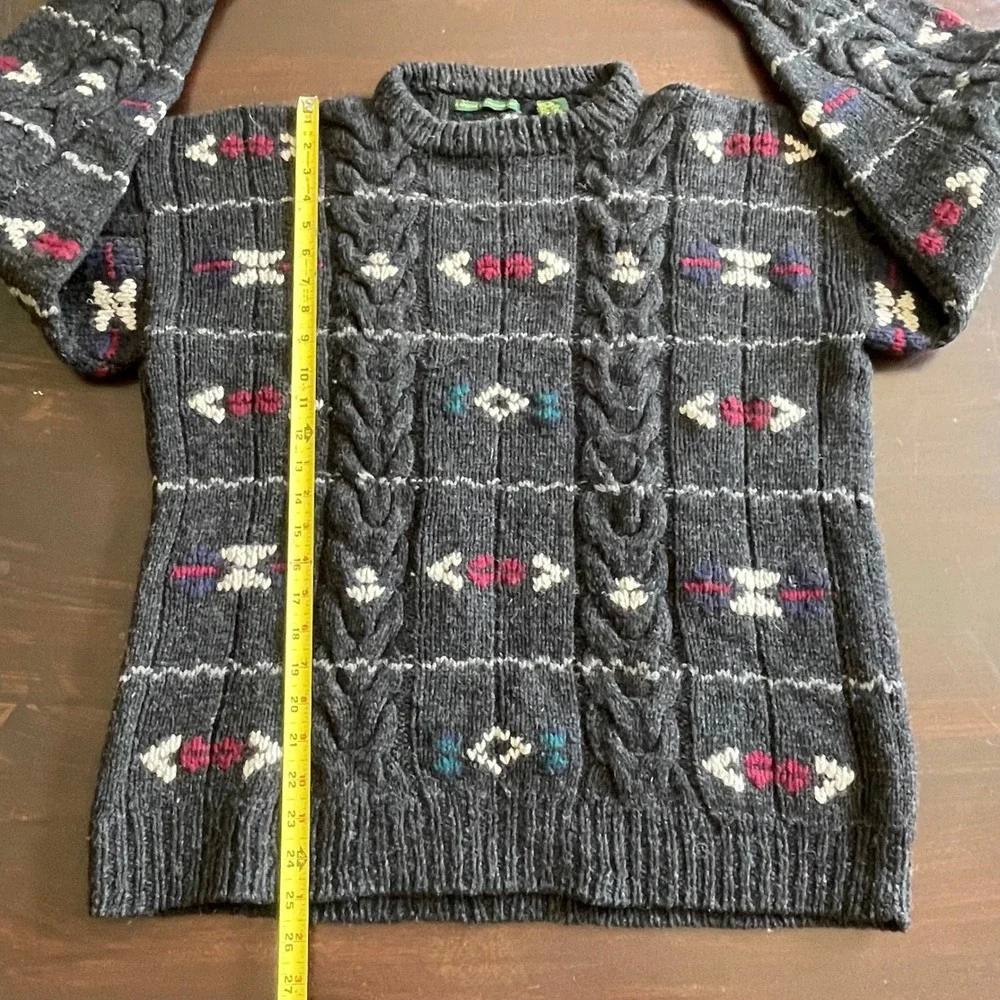 Embassy Row Mens L Hand Knit Shetland Wool Sweater Charcoal Grey Cable Geometric